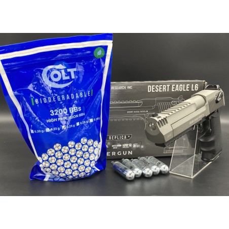 Pack Réplique Airsoft Desert Eagle 6mm - L6 - Cybergun + 5X Capsules CO2 + 3200 Billes