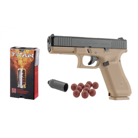 GLOCK 17 GEN5 - COYOTE - 9MM PAK - Pistolet d'alarme à balle à blanc + 50 munitions + Embout Seft-Gomme