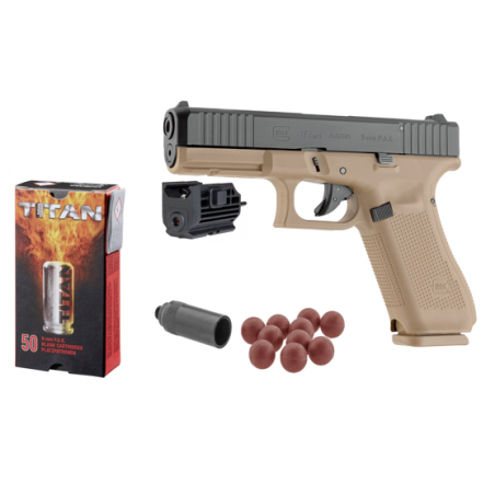 GLOCK 17 GEN5 - COYOTE - 9MM PAK - Pistolet d'alarme à balle à blanc + 50 munitions + Embout Seft-Gomme