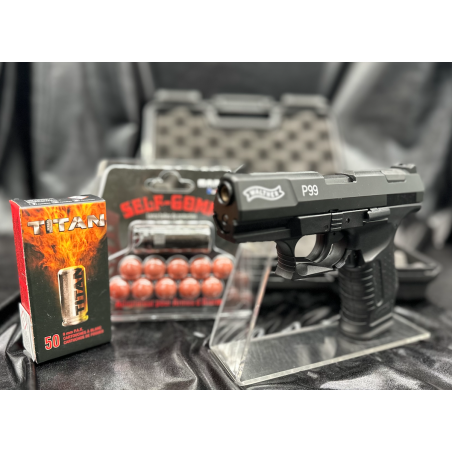 Le célèbre Pistolet WALTHER P99 CAL 9 MM PAK - Noir en Pack défense avec embout SELF-GOMM