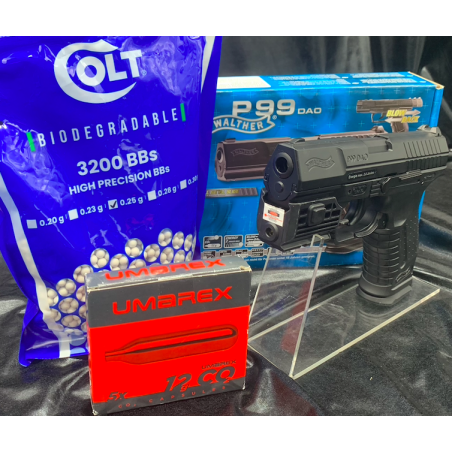 Pack Pistolet Walther P99 Noir DAO (Billes+CO2+Laser) - Airsoft - Blowback