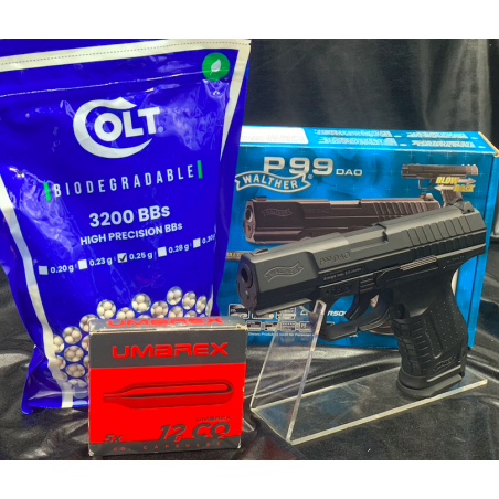 Pack Pistolet Walther P99 Noir DAO (Billes+CO2) - Airsoft - Blowback