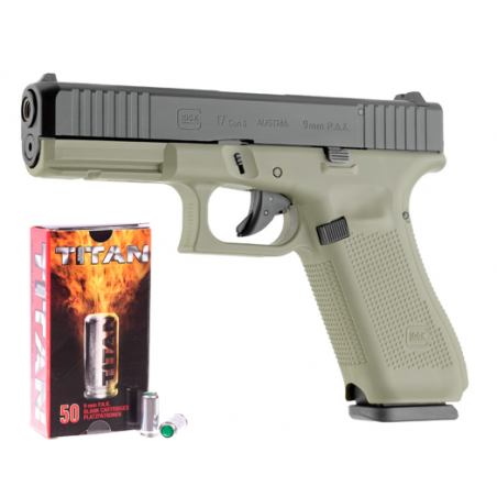 Pack prêt à tirer - Pistolet GLOCK 17 GEN5 calibre 9 MM PAK - BATTLEFIELD GREEN