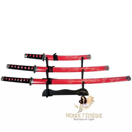 Set décoration : 3 pièces - Katana - Wakisashi - Tanto "Dragon rouge"