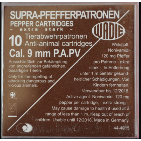 Calibre 9MM PAK - CARTOUCHES 9MM PA PV - SUPRA PEPPER A GAZ - X10